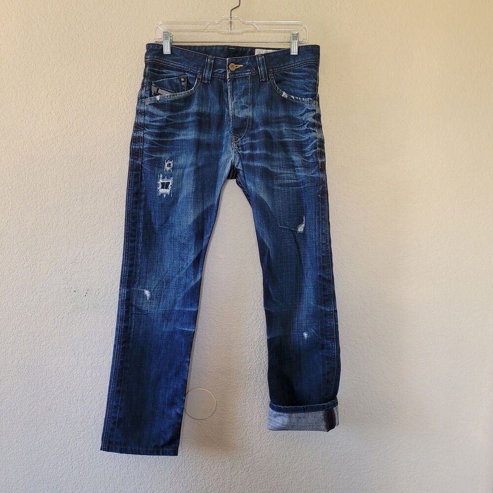 Diesel Darron Blue Jeans Mens Size 30 Selvedge Distressed Button Fly Italy